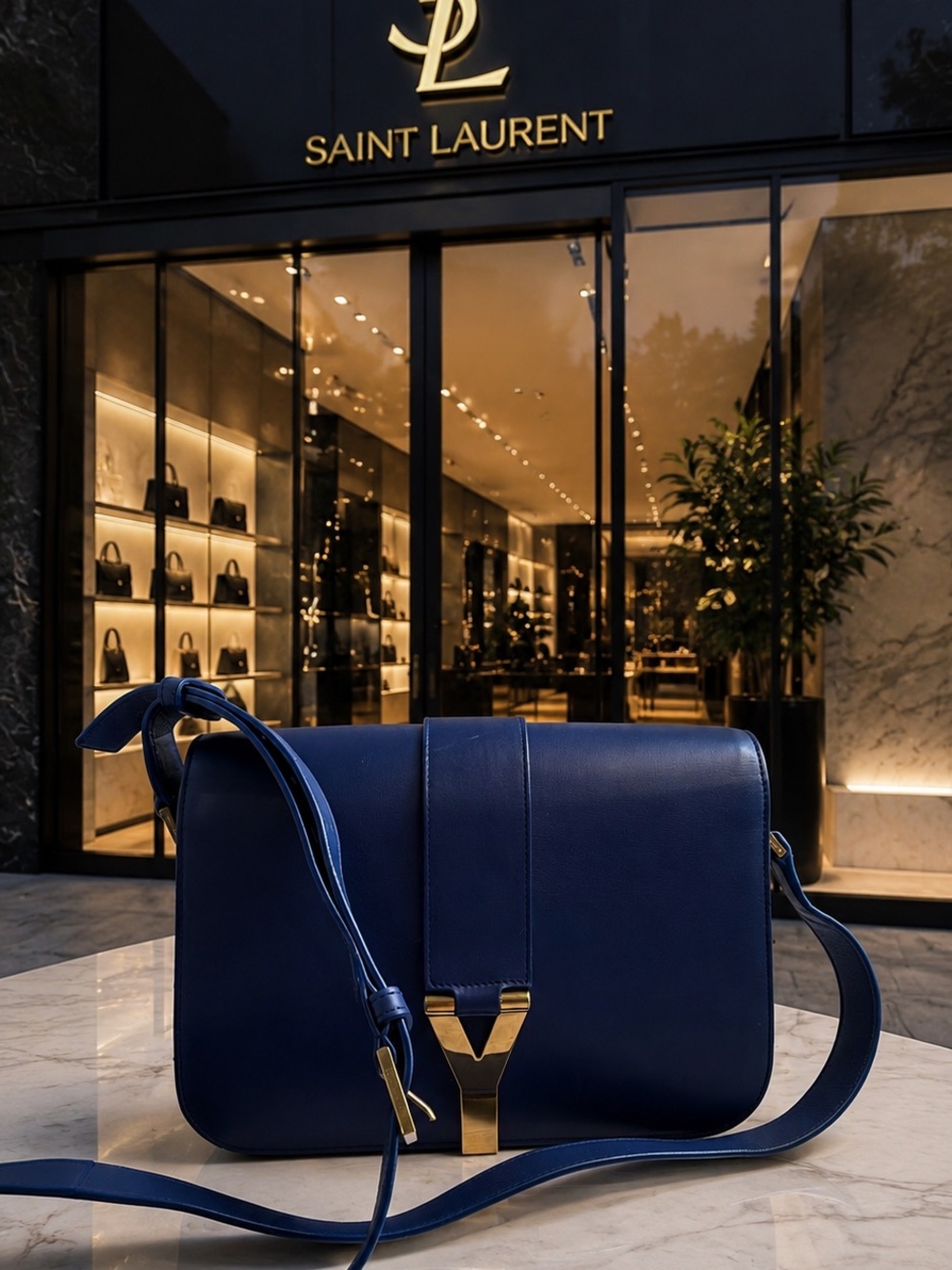 YVES SAINT LAURENT
Blue Leather Ligne Y Crossbody Bag STUNNING